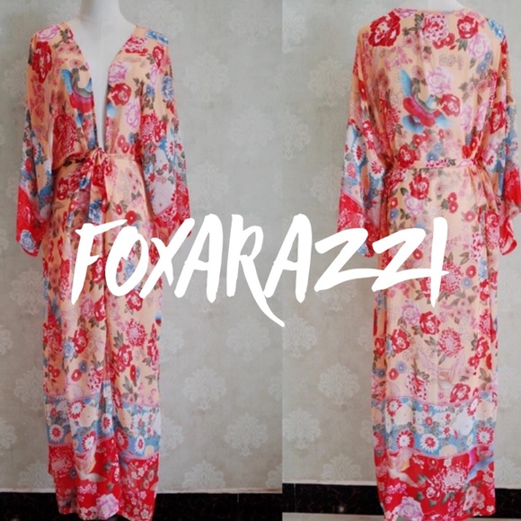 Red Floral Boho Long Kimono Duster Coverup Robe - Picture 5 of 6
